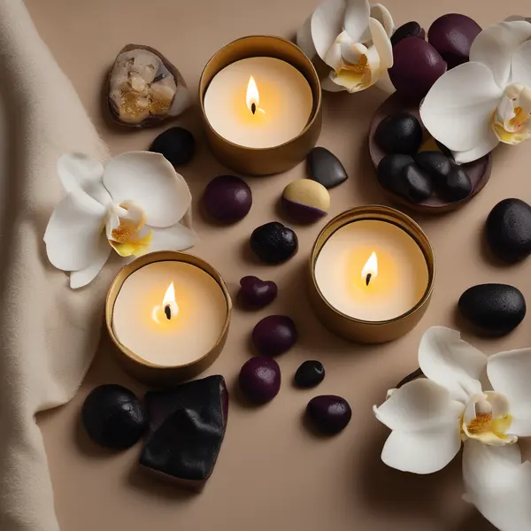 Spa kompozisyonu: mum, orkide ve taşlar