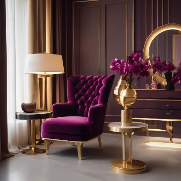 Mürdüm kadife koltuklu salon köşesi